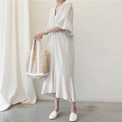 ワンピース フレアワンピース 膝下 ミモレ丈 5分袖 Vネック フレア ペプラム 前開き 薄手 かわいい 大人可愛い きれいめ シンプル 大人 おしゃれ お洒落 エスニック 大人可愛い 大人女子