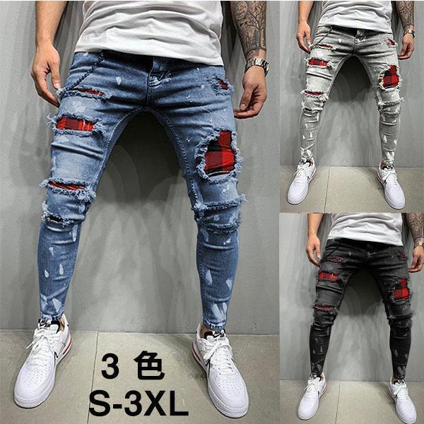ダメージ スキニーパンツ メンズ ジーンズ メンズ スキニーパンツ パッチワーク デニムパンツ デニム パンツ スリム 個性的 クラッシュデニム