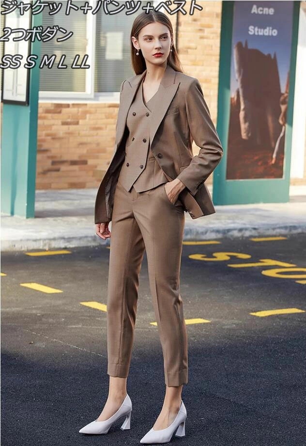 高品質 上品 レディーススーツ ピークラペル ジャケット ダブルブレスト ベスト パンツ ビジネス プロム デイリー ディナー タキシード スリーピース スリーピース ＸS～2XLママスーツ パンツス