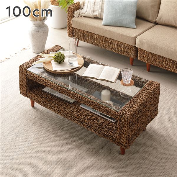 ローテーブル 約幅100cm コンパクト 強化ガラス天板 脚付き 棚付き 自然素材 アバカ テーブル 脚部組立式 インテリア家具