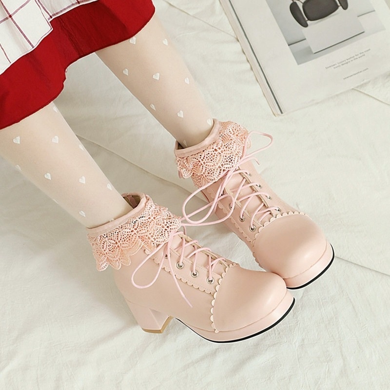和菓子カレッジ風レースショートロリータ太ヒール小さいサイズ婦人靴ミディアムヒール大きいサイズレースアップ安い