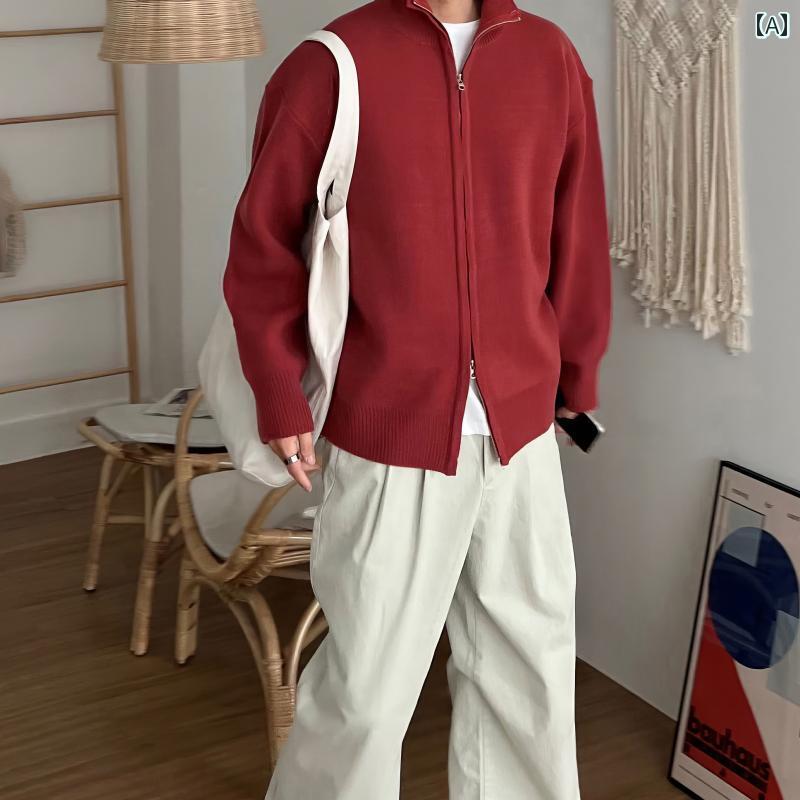 カーディガン メンズ セーター ニット タートルネック 秋冬 スタンドカラー ウール 暖かい ジャケット レッド ブラック ジップアップ