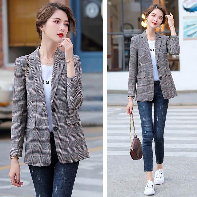 現品~ 2025年新品ジャケット レディース 大きいサイズ 春 秋 テーラードジャケット チェック柄 細身 着痩せ 韓国風ジャケット グレー ブラウン オシャレ アウター出荷が早い