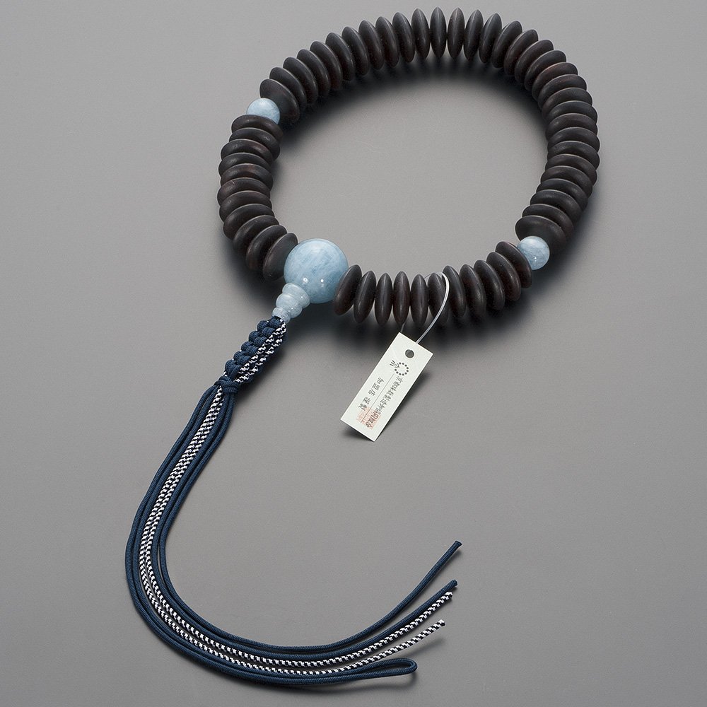 仏壇屋 滝田商店 数珠 浄土真宗 本式数珠 【男性用】縞黒檀(艶消) 平玉 アクアマリン仕立 54玉 正絹紐房京念珠・本連数珠・門徒・正式数珠・3月の誕生石【滝田商店発行 京念珠製造師製作証明書付】 16,280円