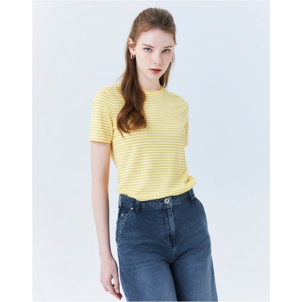 (ヘッジズレディース) 24SS イエローストライプリネンショートスリーブ T シャツ HSTS4B423Y2