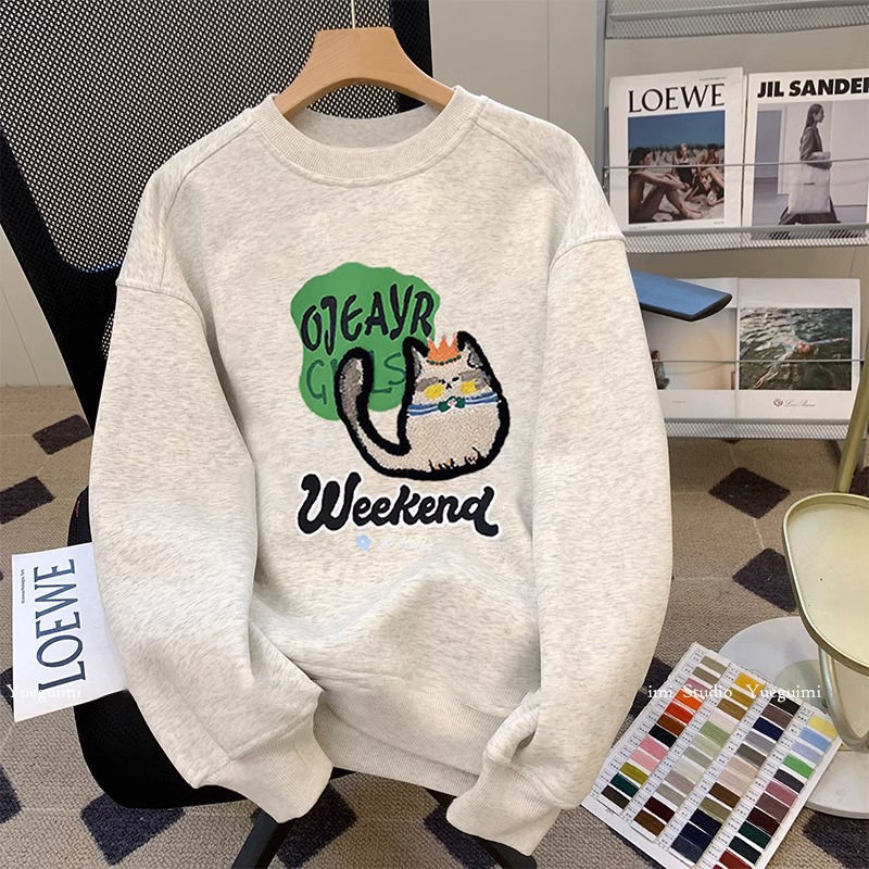 女性用グレーラウンドネックトレーナー23新作プラスベルベットアメリカンレトロルーズカジュアル怠惰なスタイルトップシック