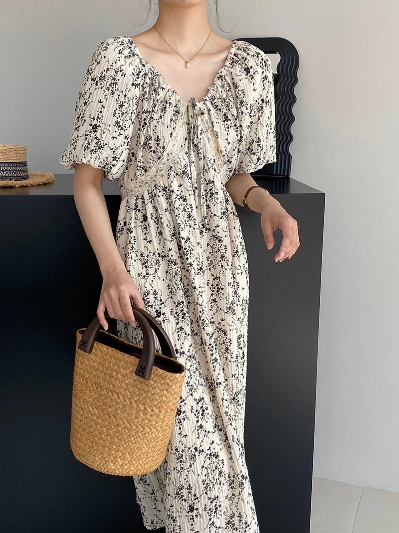 ロングワンピースレディースファッシ韓国 ワンピース パーティードレス ワンピース 夏Vネックウエスト引き締めバブル袖レースハイウエストワンピース