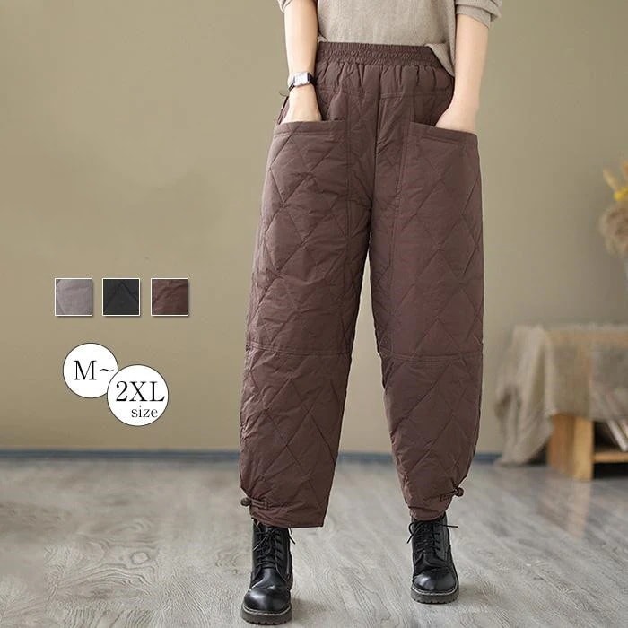 人気沸騰柄追加パンツレーディス秋冬中綿キルティングウエストゴム秋冬大人体型カバーチノパン暖か防寒きれいめあったか無地