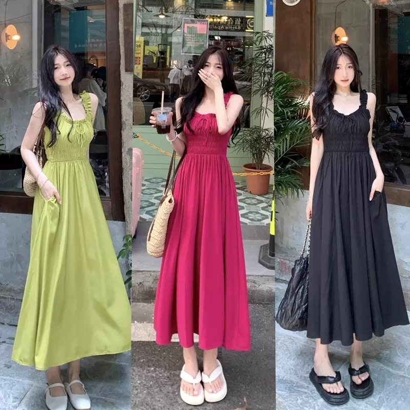 ワンピース シャーリング フレアワンピース ロング丈 ノースリーブ 胸元ギャザー ジャンパースカート 大人可愛い おしゃれ 大人女子 キュート 春 夏 レディース デート お出かけ お泊まり 休日