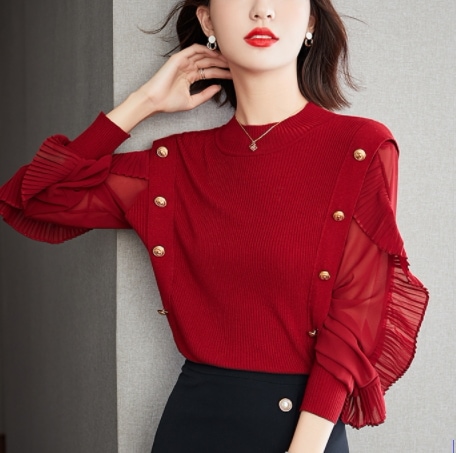 リブニット トップス ニットソー 袖あり ラウンドネック 襟なし 切り替えデザイン ドッキング 5,780円