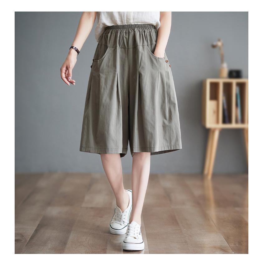 ハーフパンツ レディース 膝下丈 夏 涼しい チノパンツ ボトムス 大人 薄手 ワイド シンプル カジュアル お洒落 ポケット付き 体型カバー ウエストゴム