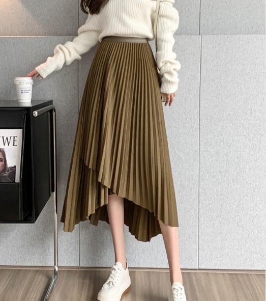 レトロスタイル不規則なプリーツスカート女性新しいハイウエスト薄い薄いミッドミッド - 長さの長いスカート