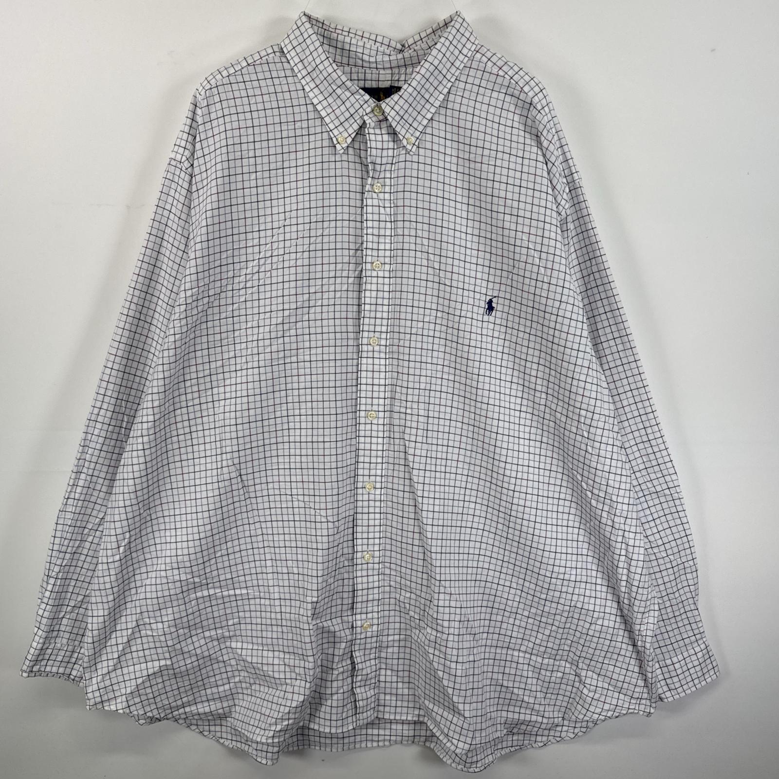 古着 長袖シャツ ボタンダウンシャツ 大きいサイズ ワンポイント ビッグサイズ 4XB ホワイト チェック メンズ