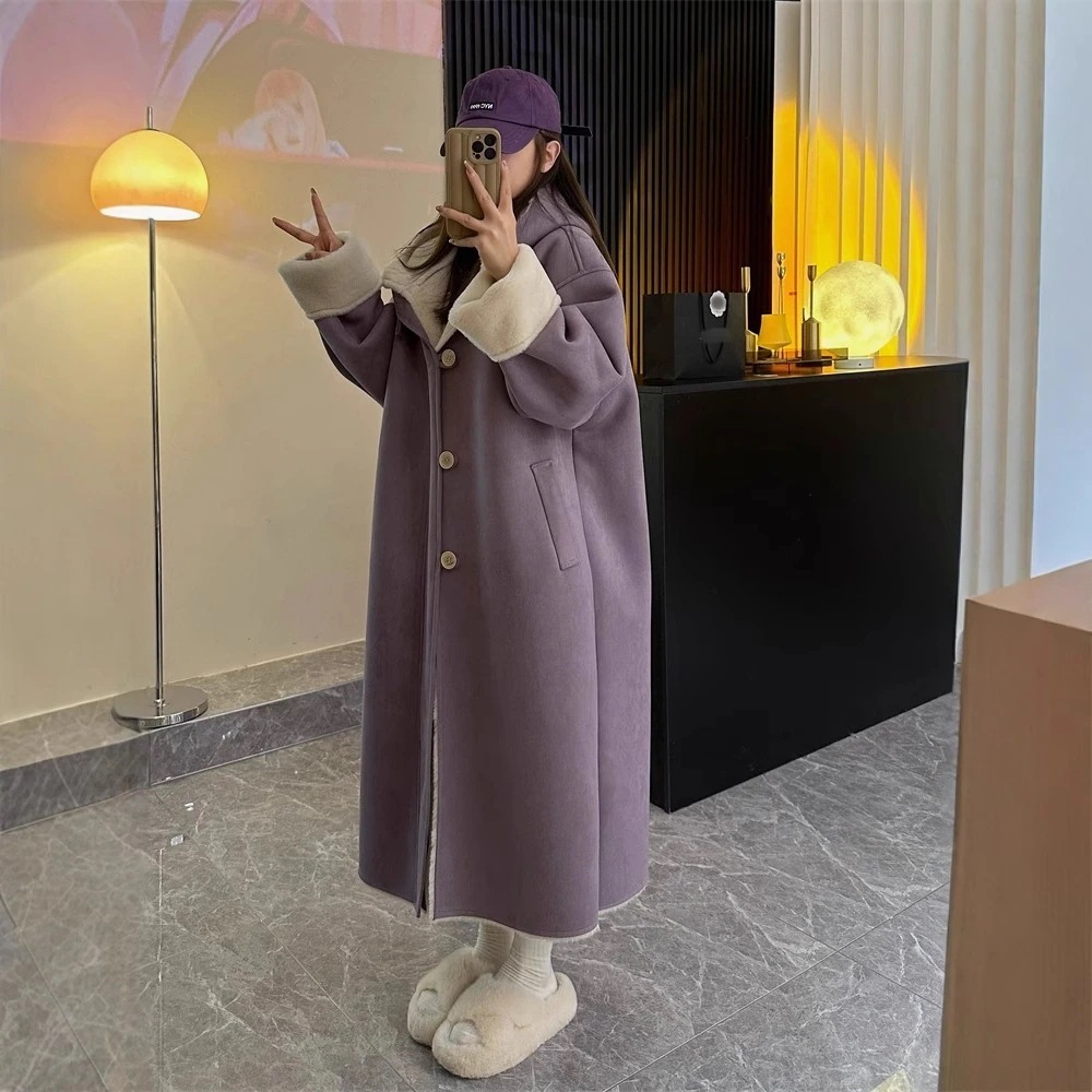 環境に優しいフェイクファーコート女性ロング秋と冬はフード付き子羊の毛スエードファーコート新段落を厚化粧