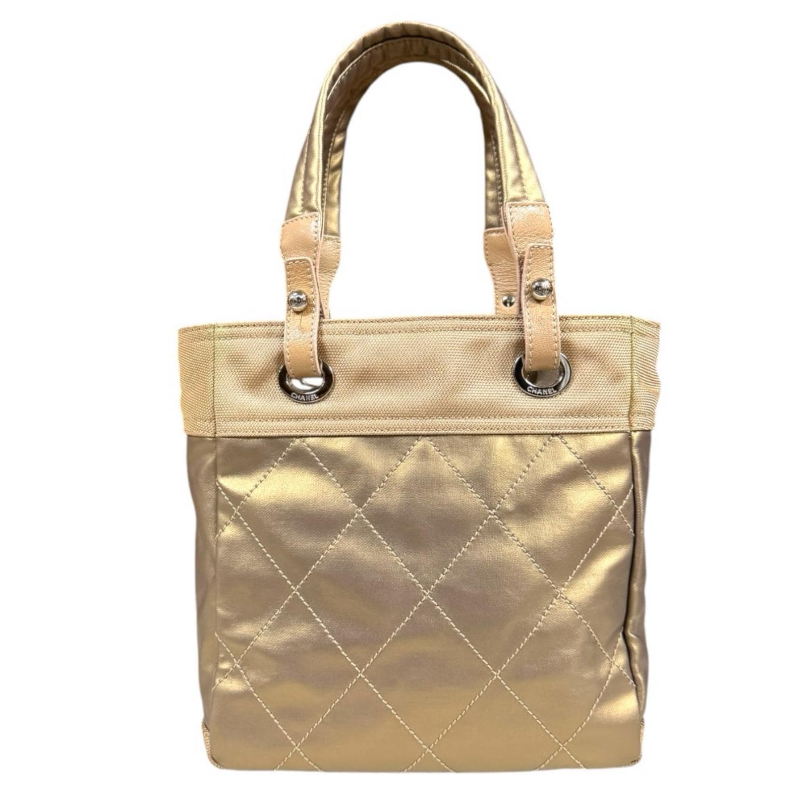 シャネル パリビアリッツPM トートバッグ PVCコーティングキャンバス A34208 ゴールド CHANEL 中古