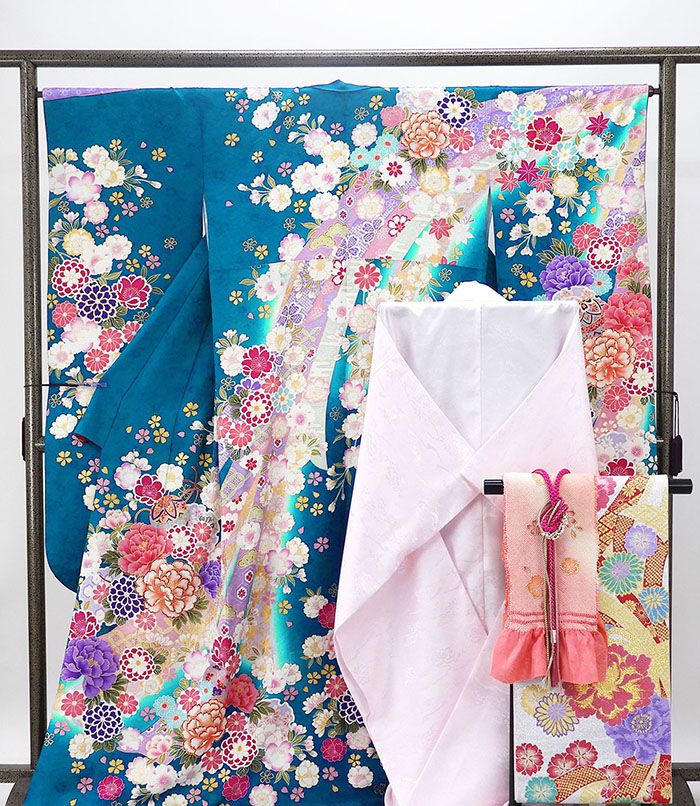 振袖 長襦袢 セット 正絹 5点セット 熨斗目 四季花 手毬 身丈164.5cm 裄丈66cm 袋帯 長襦袢 帯締め 帯揚げ 振袖セット 良品 リサイクル 中古 着物 e4163