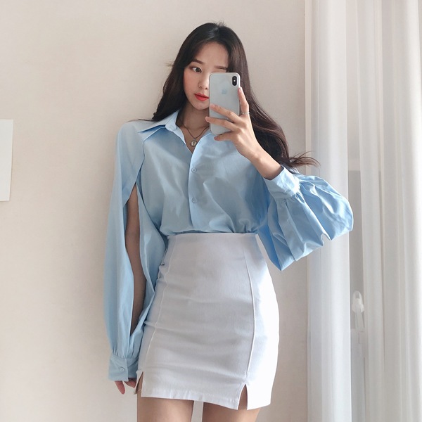 送料0円! 韓ファッション +あふれる清純美パフ袖スリットカラーシャツ(nb232)