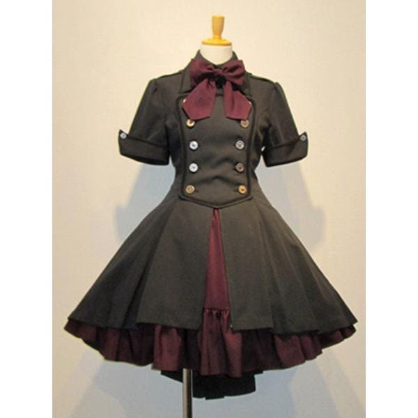 ゴスロリ軍服ワンピース　OPドレス　ボタン　リボン　制服コスプレ　フリル　ツートン　アイドル衣装　ハイローロリータワンピースドレス-559