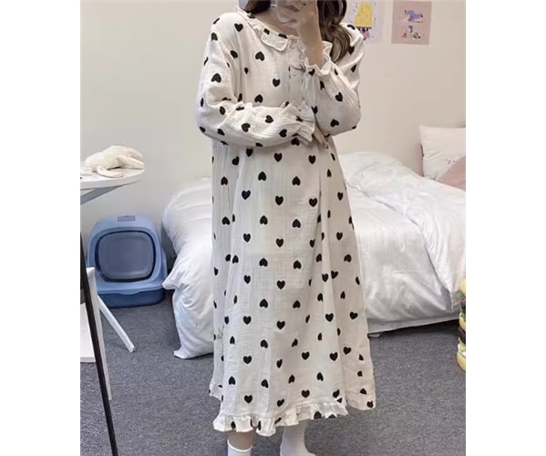レディース ワンピース ルームウェア パジャマ ロング 長袖 ラウンドネック 襟付き ボタン かわいい カジュアル おしゃれ レトロ ラフ ガーリー ルーズ ラブリー キュート リラックス シック