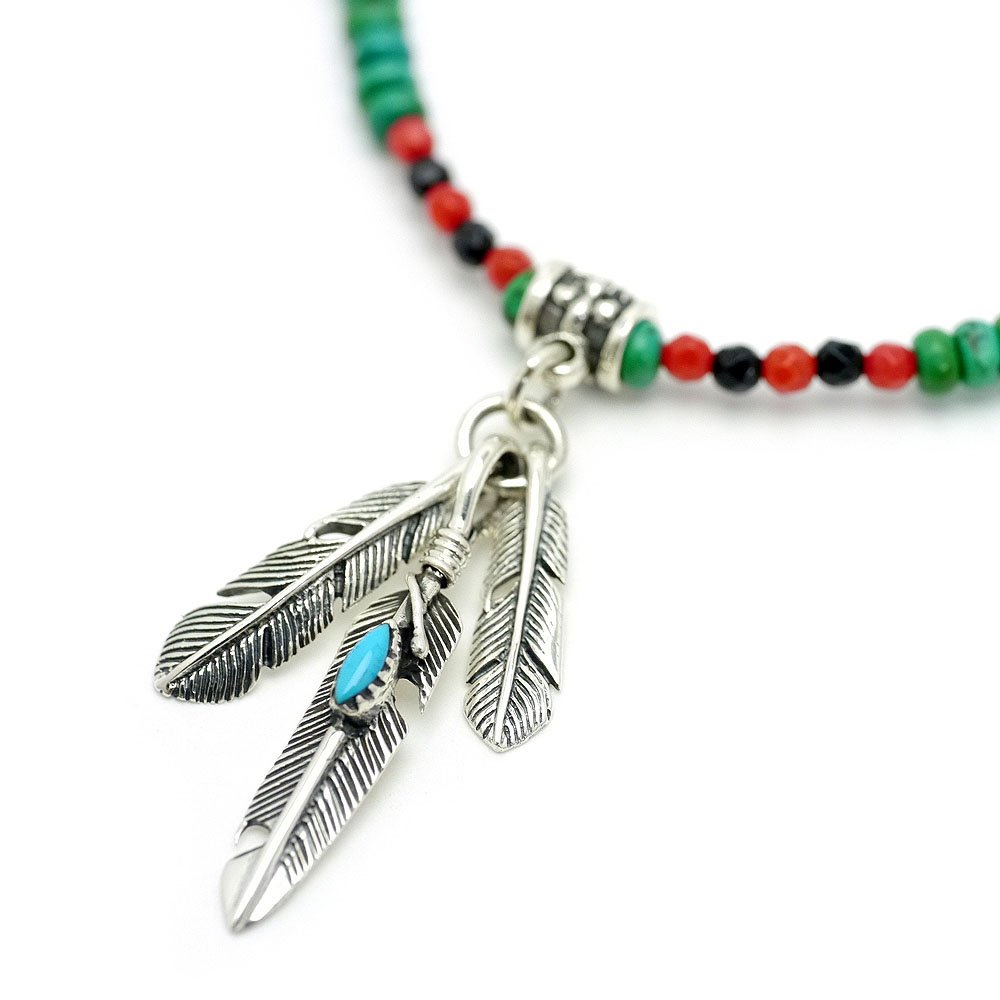 [シルバーワン] ma ハンドメイド風 ターコイズ トリプルフェザー ブルービーズ メンズ チョーカー ネックレス シルバー925