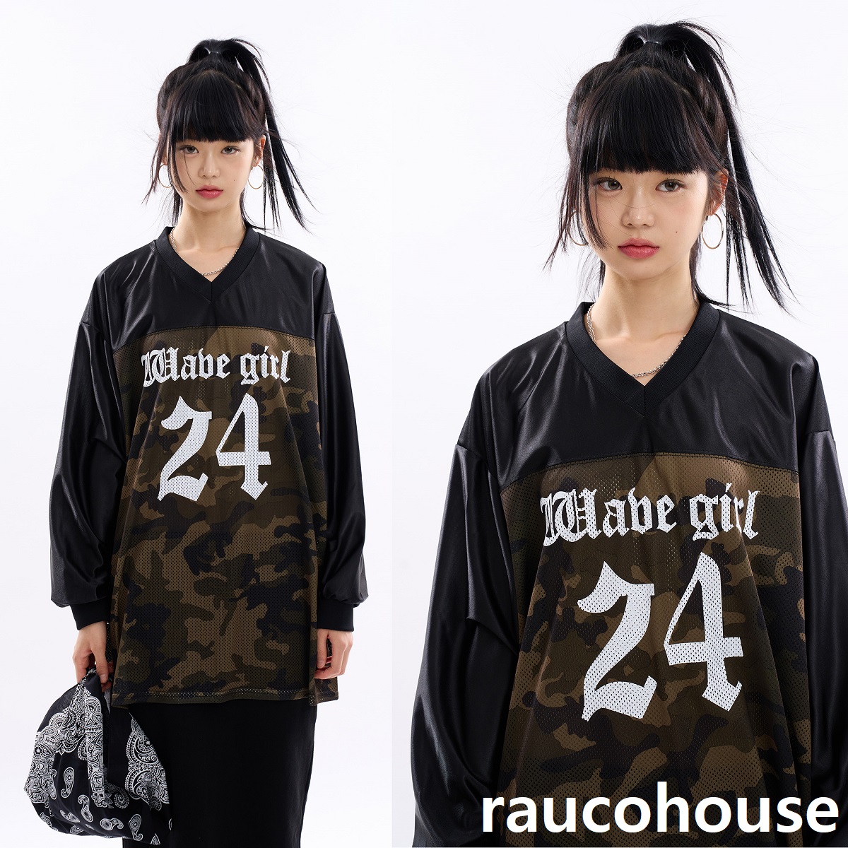 [韓国ファッション] ハイパカモVネックオーバーTシャツ3色 カジュアル おしゃれ スポーティ スタイリッシュ デートコーデ スポーティ カラフル 韓国ファッション