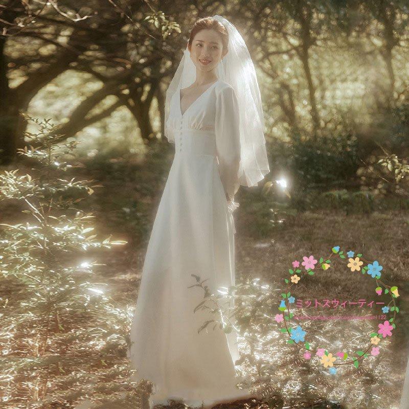 韓国ファッションウェディングドレス リゾートウェディング ウエディングドレスドレス 結婚式 かわいい 披露宴 Vネック 前撮り ロングドレス 長袖 パーティー 二次会 Aライン