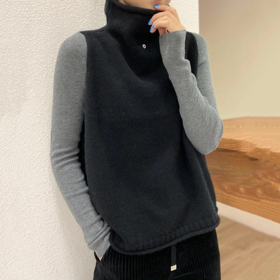 ニットベスト レディース チョッキ トップス ハイネック ノースリーブ ゆったり プルオーバー ベスト ジレー セーター 秋コーデ 秋物 カジュアル