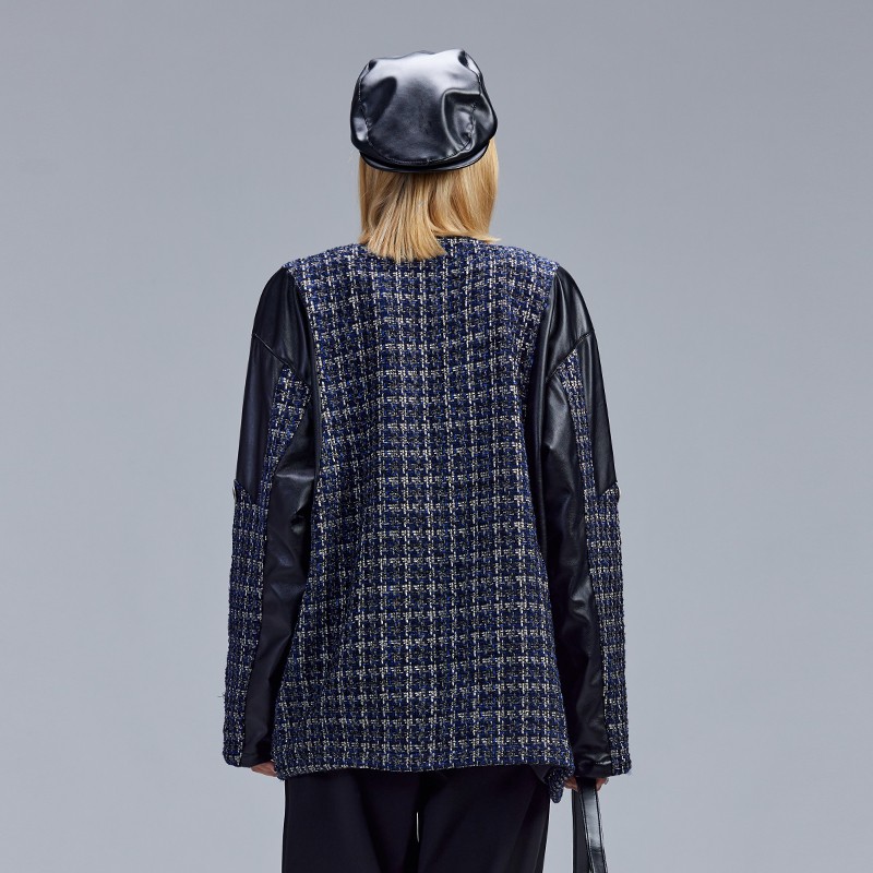 ネイビーブルージャケット女性Chao Luo Yizhou同じスタイルのカップルヒップホップ小さな香りスタイルPUレザースプライシングジャケットルーズ