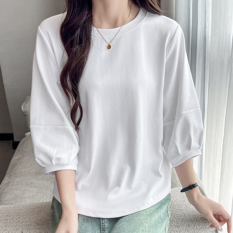 ランタンスリーブ レディース トップス カットソー Tシャツ 7分袖 ラウンドネック かわいい 大人可愛い きれいめ シンプル カジュアル ラフ ベーシック ナチュラル リラックス ワントーン 無地