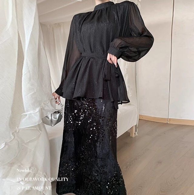 シフォンシャツ スパンコールスカート 2点セット セットアップ ツーピース ブラウス ロング丈 長袖 スタンドカラー シフォン スパンコール かわいい 大人可愛い きれいめ カジュアル 大人 上品