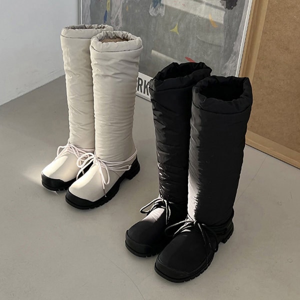 ロングブーツ パディング トラックソール レディース ミドルヒール 黒 アイボリー