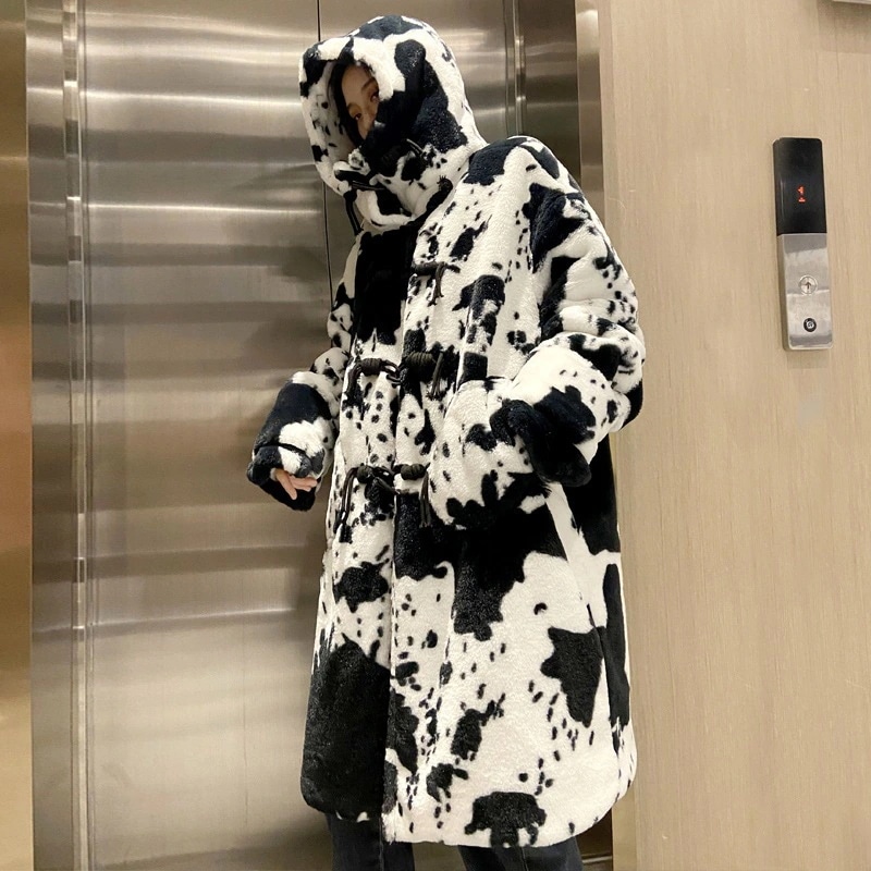 ゆったり ジャケット 毛皮コート 冬 厚手 秋 トップス ダウンジャケットファーコートロング丈 乳牛柄 アウター 保温