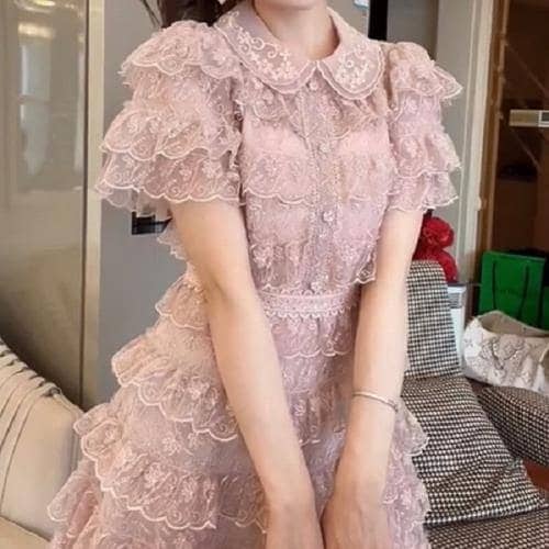 【急速出荷 2025年新作】ワンピース パーティドレス フレアワンピース お嬢様 韓国 花柄 襟付き 春 夏 半袖 ひざ丈 おしゃれ 可愛い レース ボリューム Aラインワンピ ティアードワンピ シフ