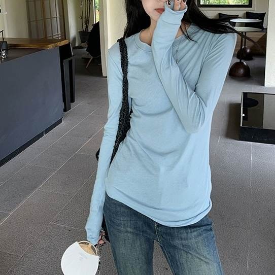 Tシャツ レディース 袖あり 長袖 ラウンドネック 無地 プルオーバー スリム 細身 きれいめ 上品 おしゃれ お洒落 大人可愛い 大人女子 かっこいい カジュアル シンプル キュート ラブリー フェ