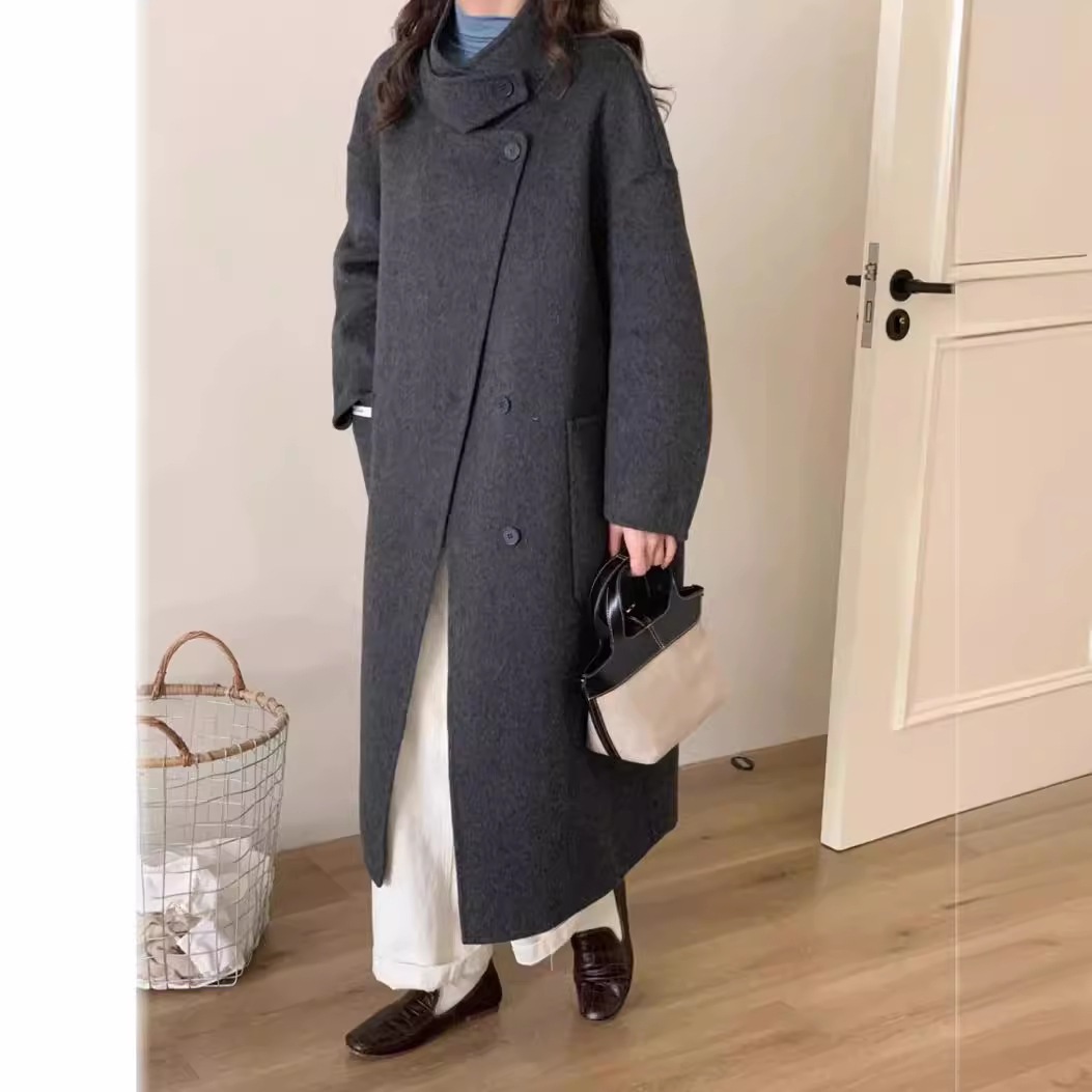 2025年新作韓国東大門工場の高級カシミア両面ウールコートスタンドカラーのゆったりウールコート