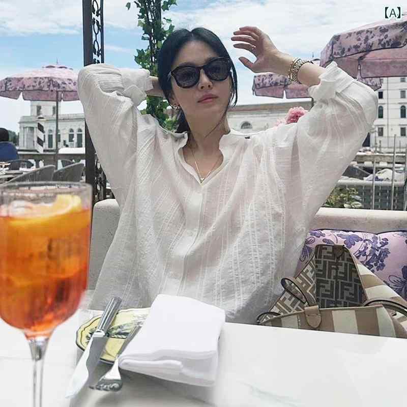 Yシャツ　無地　シンプル ソンヘギョの 同じ 服 春秋 した 薄手の 長袖 シャツ 日焼け防止 縦縞の 白い 女性