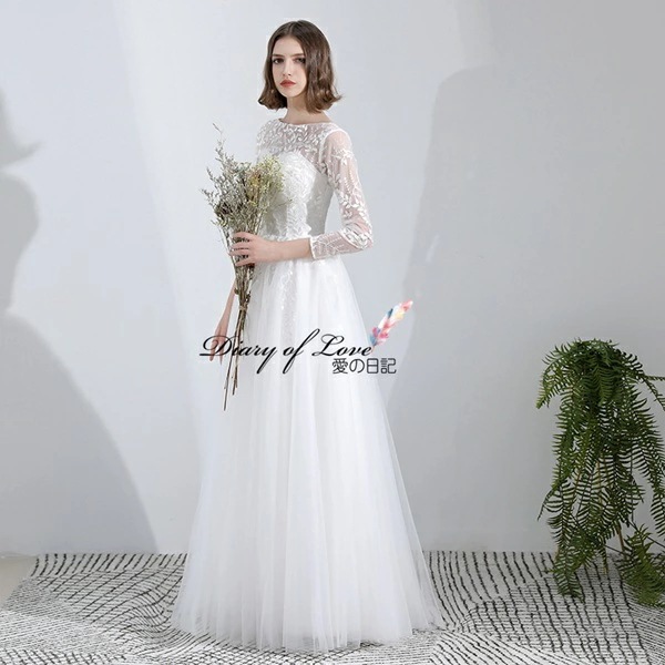 ウェディングドレス スレンダードレス 袖あり 二次会 白ワンピース 前撮り 後撮りに シンプルAライン高品質 ドレス 結婚式 披露宴 謝恩会 旅行撮影海外挙式ドレス ファスナー エンパ 同窓会