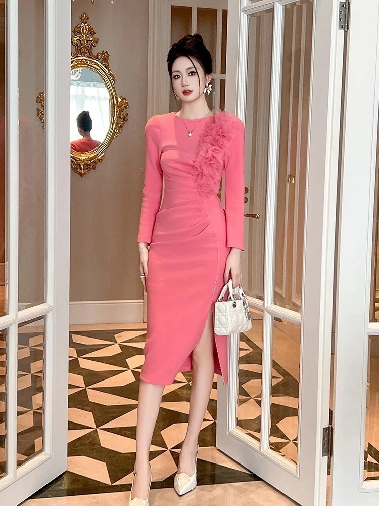 秋冬 花びら シワ スリム ワンピース ドレス パーティー キャバ 大人 同窓会 披露宴 卒業式 結婚式 演奏会 ウェディング 二次会
