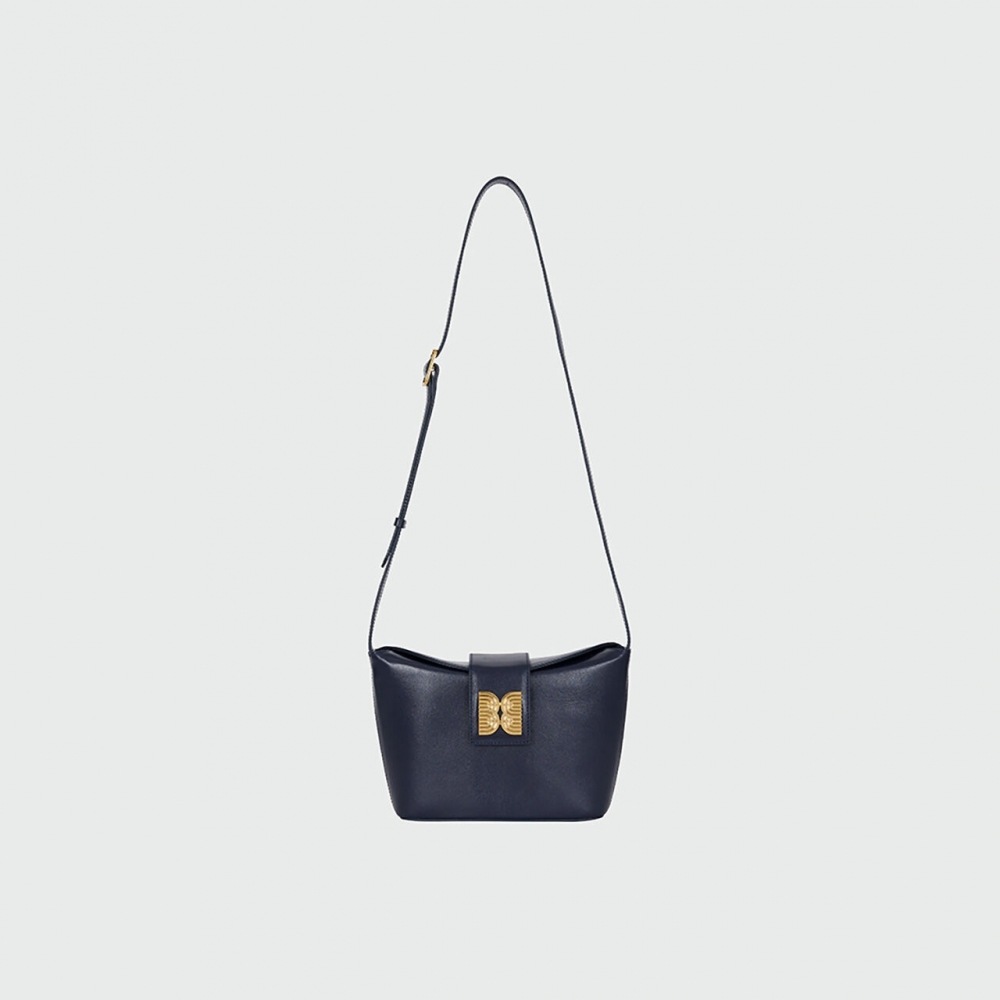 Ink HOBAR 折りたたみトップスモールバケットバッグ-ネイビー