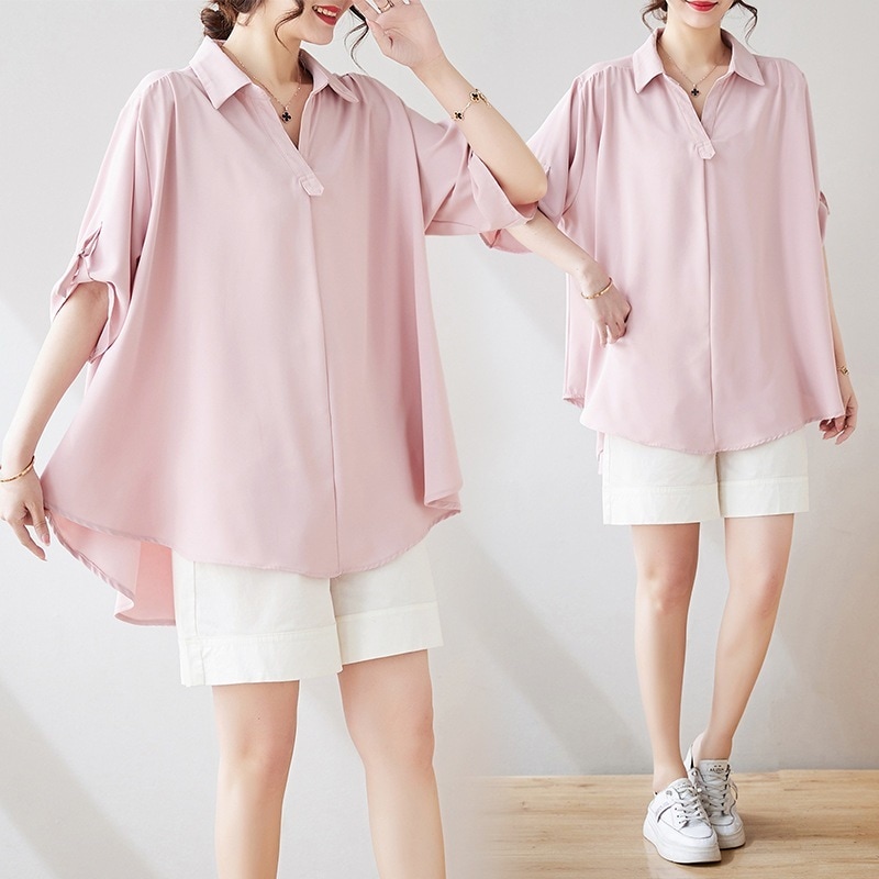 【1つ買うと10つ無料】2025夏の大規模な女性の固形色のゆるい腹脂肪 中程度の長さのシフォン短袖シャツ