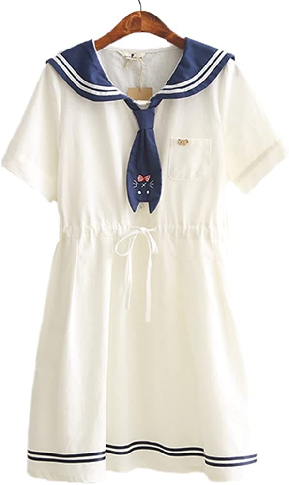 森ガール系 レディース ワンピース ネコ 刺繍ネクタイ セーラー襟 半袖 シャツワンピ ホワイト ゆ