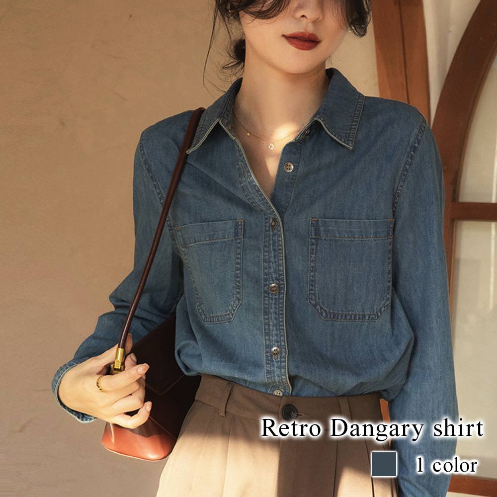 シャツ レディース レトロダンガリーシャツ 麻 カットソー トップス ブラウス 襟付き Tシャツ ポロシャツ おしゃれ ロゴ スポーツ 春 カジュアル 秋 長袖 ゆったり ブランド 形態安定 しわにな