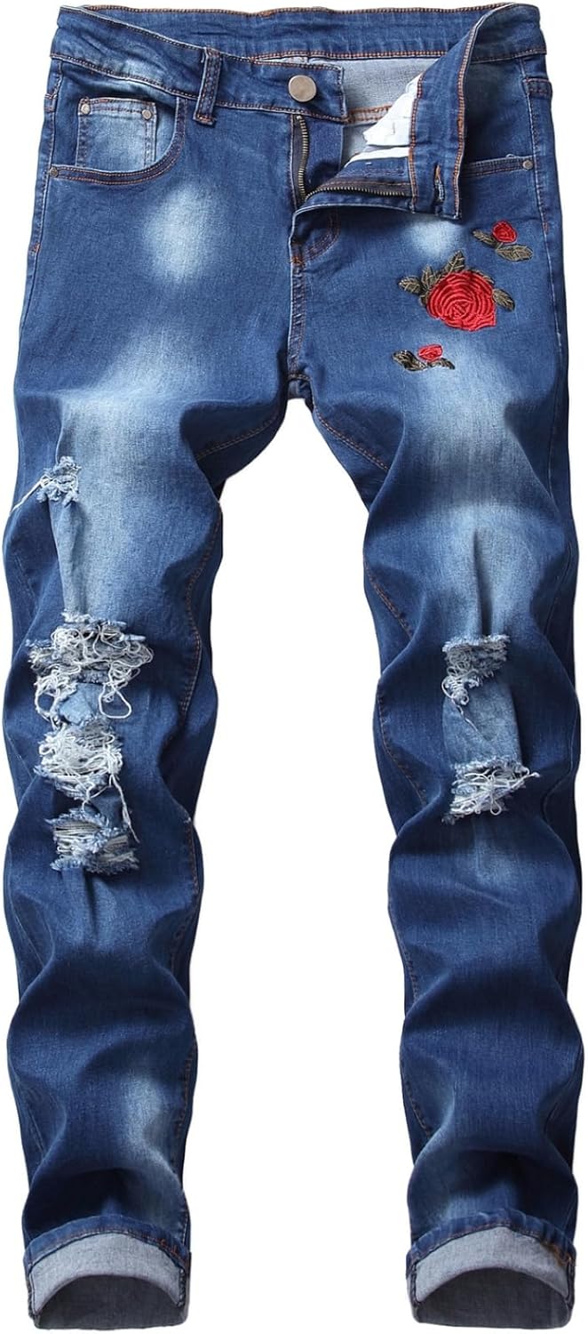 デニムパンツ ジーパン メンズ スキニーパンツ 細身 刺繍バラ 紳士用 ズボン ロングパンツ 大人 かっこいい ダメージ加工 個性 hiphop ストレッチ ファッション 厚手 秋冬 オートバイ アメ