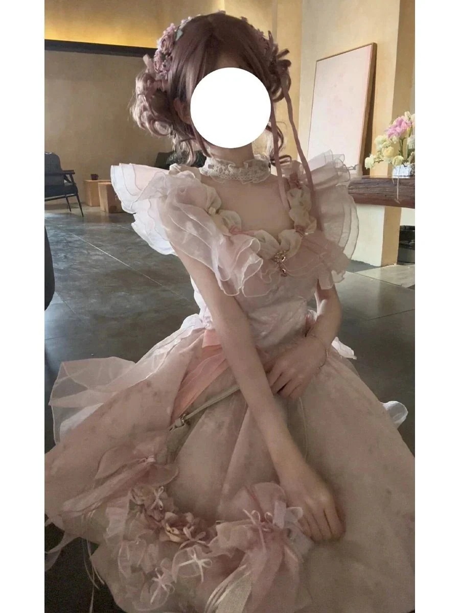 2025 夏の女性のためのスーパー妖精の気質ドレス甘くてかわいいプリントスリムパフスカート