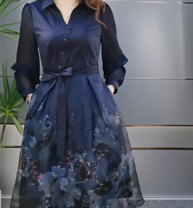 レディース ワンピース ミモレ 長袖 Vネック ポロカラー アシンメトリー セミフレア Aライン フェミニン シフォン ウエストマーク ウエストリボン ハイウエスト 透け感 薄手 きれいめ 上品