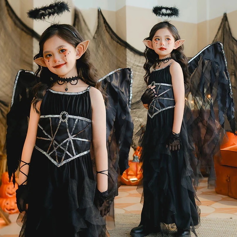 ハロウィン コスチューム 女の子 スペル 悪魔 天使の羽 ダークエルフ ドレス ブラック 子供服