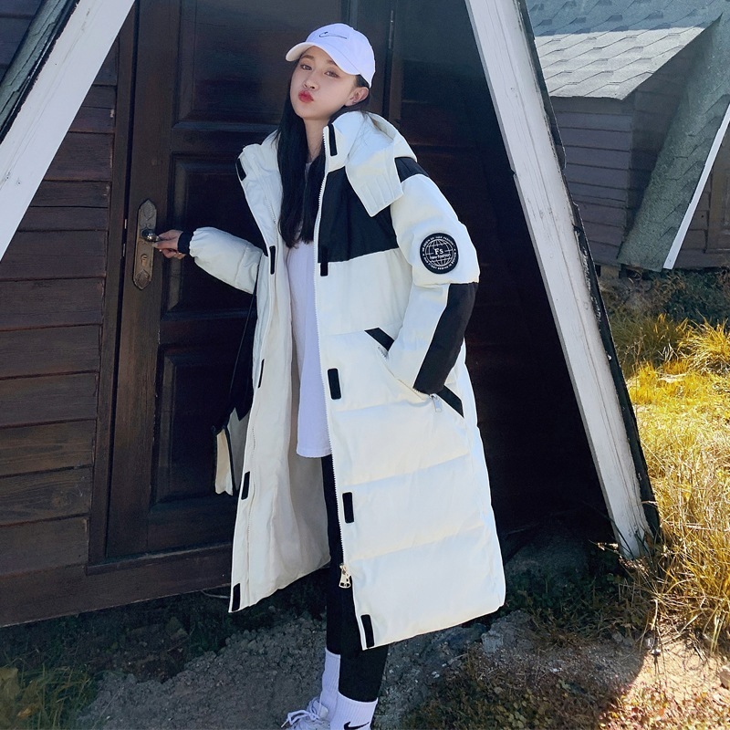 黒と白のワークウェアコットンコートレディースロング膝上23コットンジャケットルーズ肥厚ダウンコットンコートオーバーサイズ