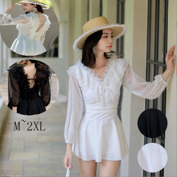 送料無料 水着 日焼け防止 Vネック パッド付き 女性用水着 長袖ワンピース 韓国風 オールインワン ビキニ 小胸 美胸 レディース ミズギ 大きサイズ みずぎ 体型カバー タンキニ ママ 体型カバー