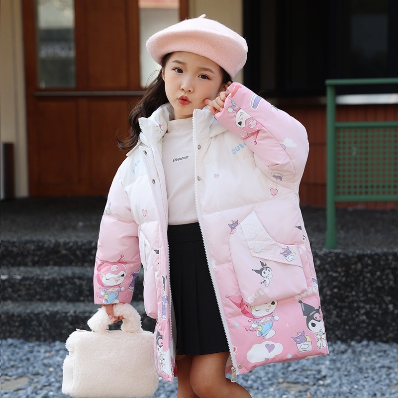 女の子用子供用ダウンジャケットミディアムロングスタイル2025年新作韓国風漫画ベビーガールズ冬厚手子供用ダウンジャケット