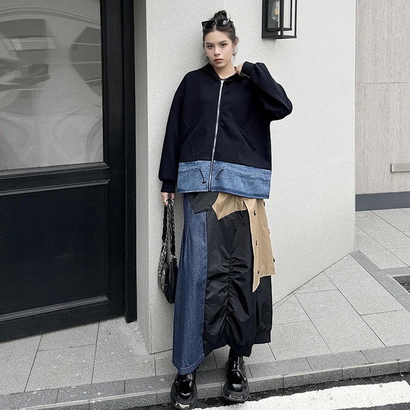 【J.Fashion】 2024秋新品 デニムドッキング ファスナー パーカー スウェット トレーナー レディース ジャケット アウター メガ割30%までに制限